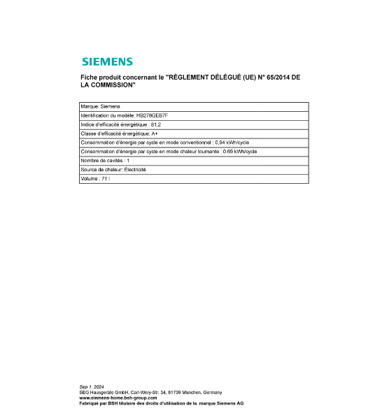 Four encastrable Siemens hb278geb7f