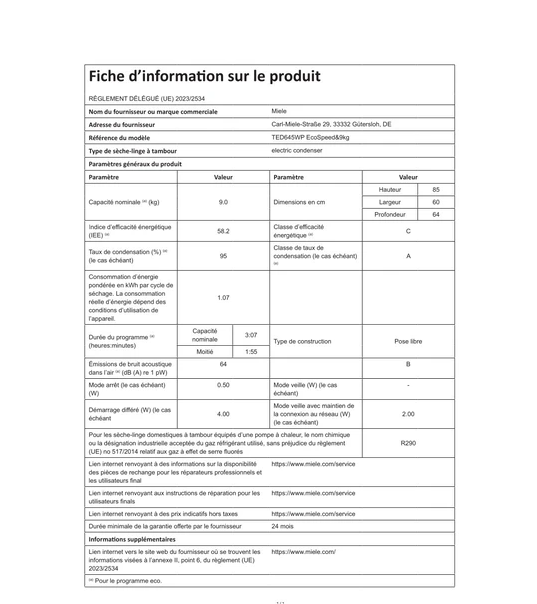 Sèche-linge pompe à chaleur Miele TED 645 WP