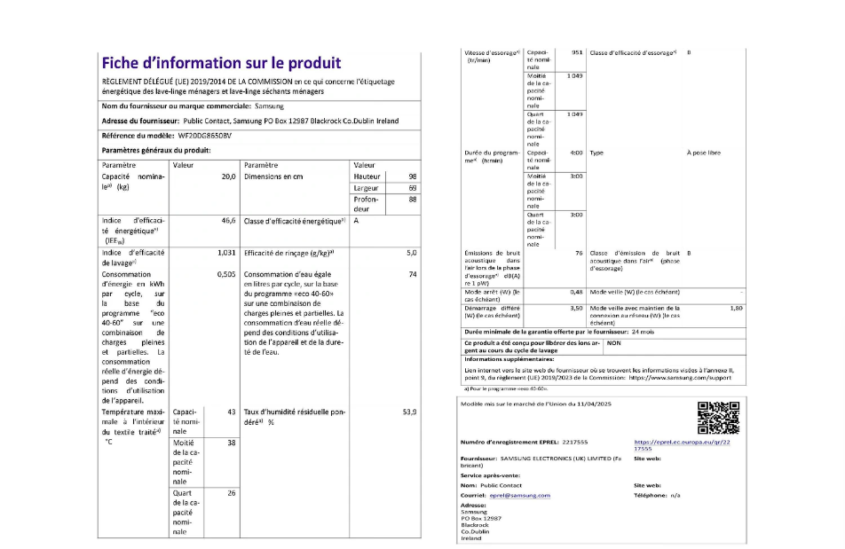 Lave-linge hublot Samsung WF20DG8650BV EcoBubble 20 kg