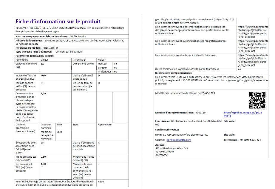 Sèche-linge pompe à chaleur Lg RH8N15WHB