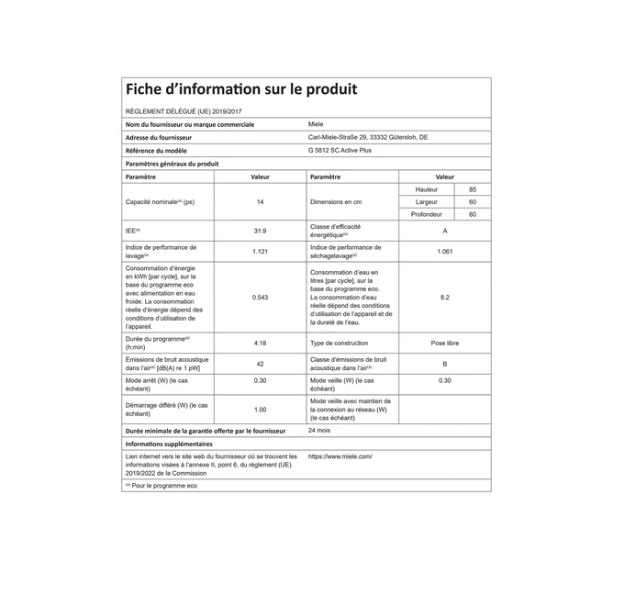 Lave-vaisselle pose libre Miele G 5812 SC Blanc