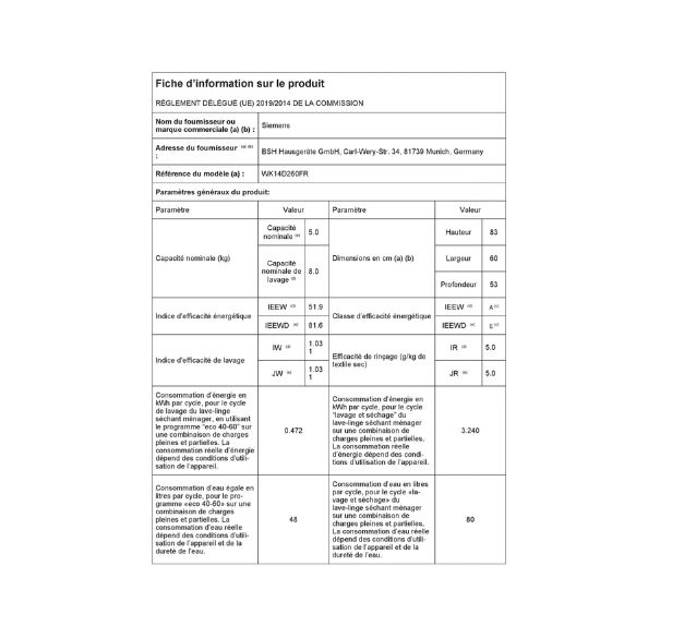 Lave-linge séchant Siemens WK14D260FR