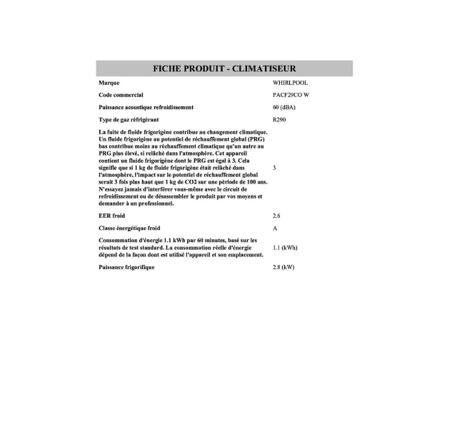 Climatiseur mobile Whirlpool PACF29COW