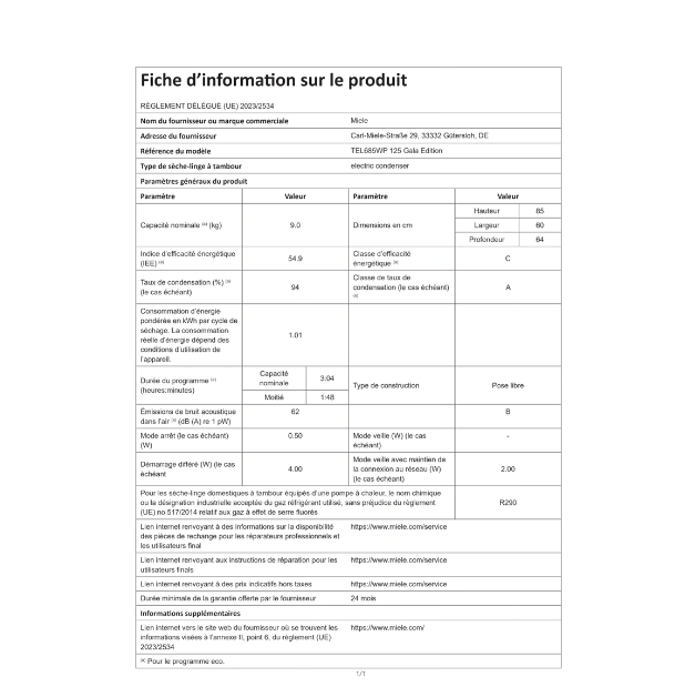 Sèche-linge pompe à chaleur Miele TEL685WP