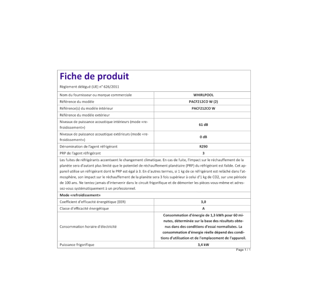 Climatiseur mobile Whirlpool PACF212COW