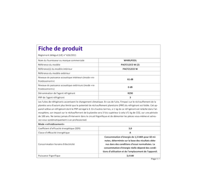 Climatiseur mobile Whirlpool PACF212COW