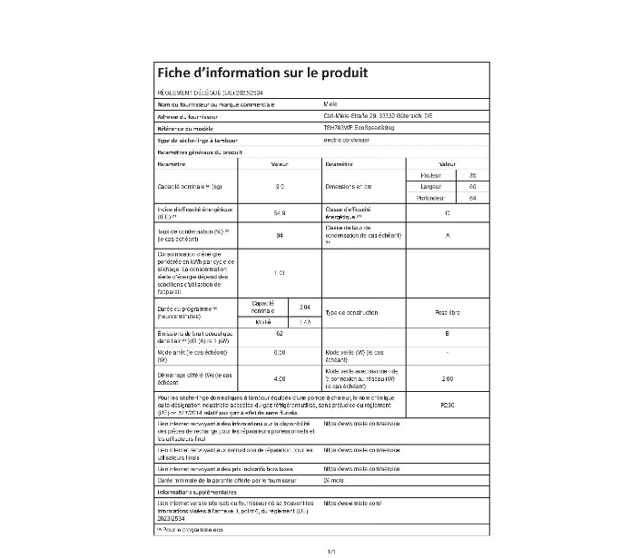 Sèche-linge pompe à chaleur Miele TSH 783 WP