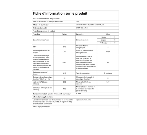 Lave-vaisselle encastrable Miele G 5611 SCi Active