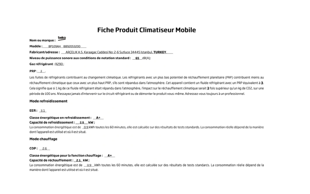 Climatiseur mobile Beko BP109AH