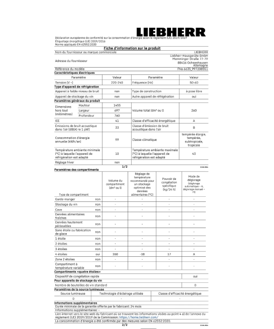 Congélateur armoire Liebherr FNA 6635-20