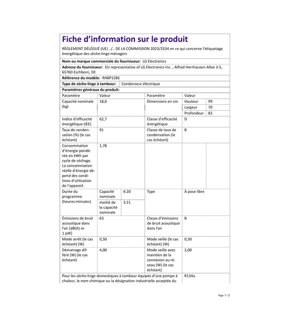 Sèche-linge à condensation Lg RH8P12BS