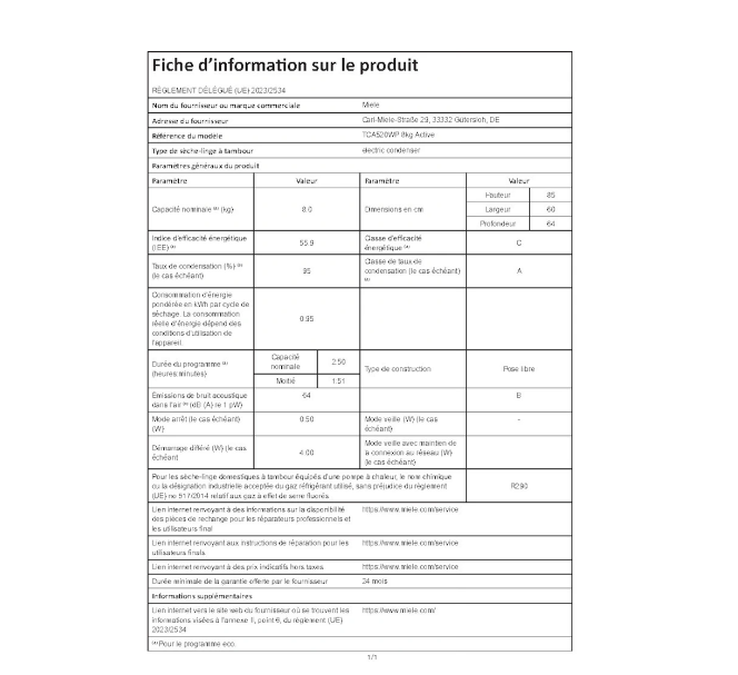 Sèche-linge pompe à chaleur Miele TCA 520 WP